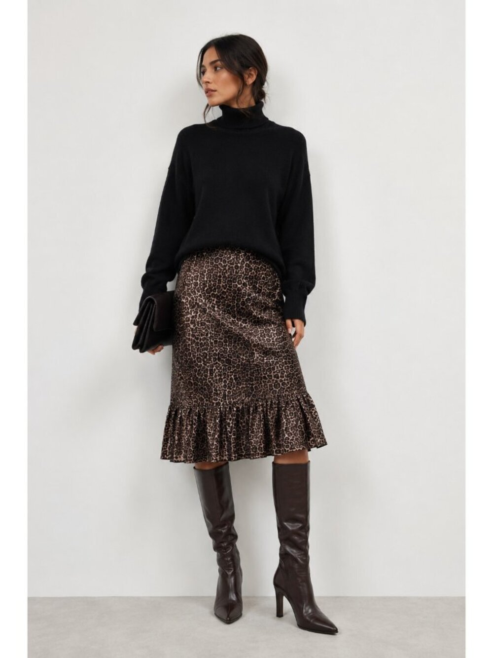 Doncaster Signature Leopard Print Leather Skirt Women Size 10 Brown Midi Ruffle